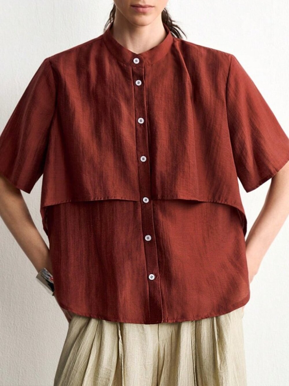 Rust Brown Tiered Button-Front Blouse with Stand Collar